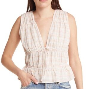 TREASURE & BOND NWOT Stripe Shirred Sleeveless Top In Ivory Honey Plaid- XS
